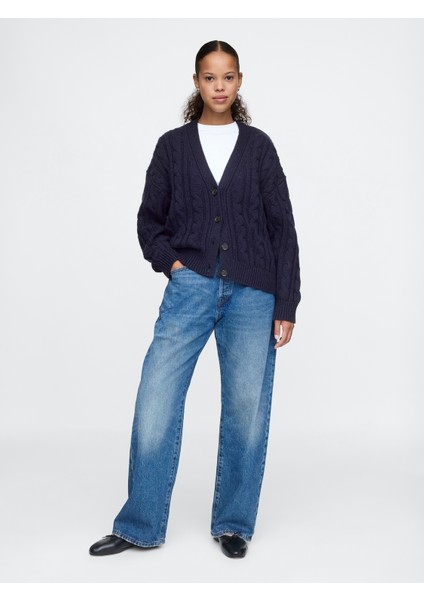 Kadın Lacivert Yün Karışımlı Cable Örgü Oversize Hırka fırsatları