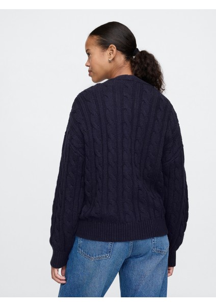Kadın Lacivert Yün Karışımlı Cable Örgü Oversize Hırka indirimleri