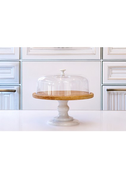 Gaia Beyaz Mermer Ayaklı 29CM Veya 32CM Ahşap Tablalı Kek & Pasta Sunumluğu - Kek Standı - Fanus Dahildir - Mermer Kek Fanusu