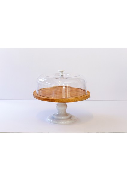Gaia Beyaz Mermer Ayaklı 29CM Veya 32CM Ahşap Tablalı Kek & Pasta Sunumluğu - Kek Standı - Fanus Dahildir - Mermer Kek Fanusu fiyatları