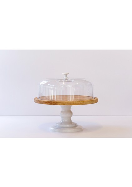 Gaia Beyaz Mermer Ayaklı 29CM Veya 32CM Ahşap Tablalı Kek & Pasta Sunumluğu - Kek Standı - Fanus Dahildir - Mermer Kek Fanusu modelleri