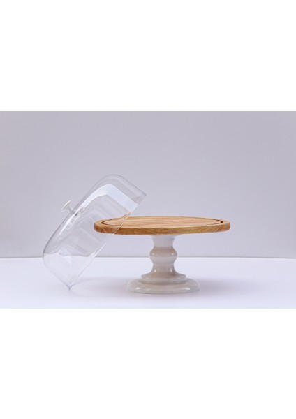 Gaia Beyaz Mermer Ayaklı 29CM Veya 32CM Ahşap Tablalı Kek & Pasta Sunumluğu - Kek Standı - Fanus Dahildir - Mermer Kek Fanusu fırsatları