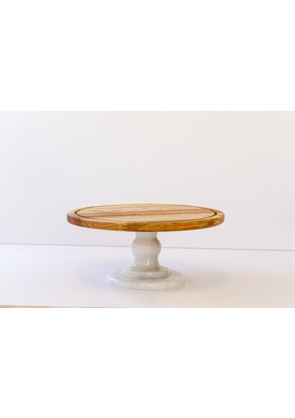 Gaia Beyaz Mermer Ayaklı 29CM Veya 32CM Ahşap Tablalı Kek & Pasta Sunumluğu - Kek Standı - Fanus Dahildir - Mermer Kek Fanusu