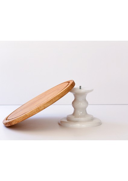 Gaia Beyaz Mermer Ayaklı 29CM Veya 32CM Ahşap Tablalı Kek & Pasta Sunumluğu - Kek Standı - Fanus Dahildir - Mermer Kek Fanusu