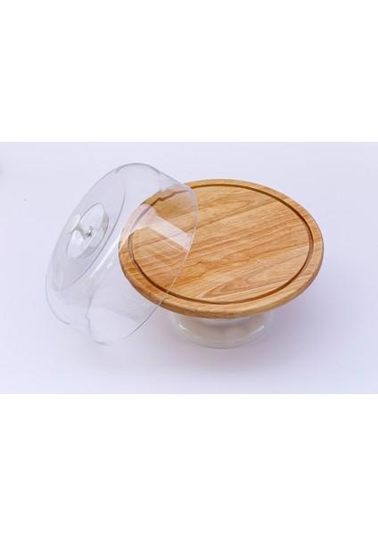 Gaia Beyaz Mermer Ayaklı 29CM Veya 32CM Ahşap Tablalı Kek & Pasta Sunumluğu - Kek Standı - Fanus Dahildir - Mermer Kek Fanusu