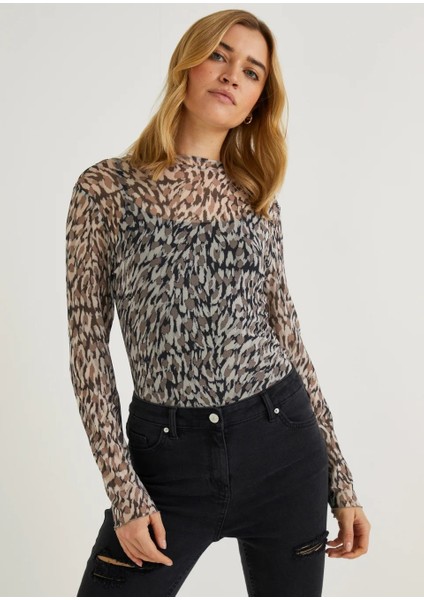 Moda Kadın Desenli Transparan Tül Body | Uzun Kollu Esnek Ince Fit | Leopar & Zebra Desen - Yazlık Şık Üst