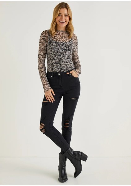 Moda Kadın Desenli Transparan Tül Body | Uzun Kollu Esnek Ince Fit | Leopar & Zebra Desen - Yazlık Şık Üst modelleri