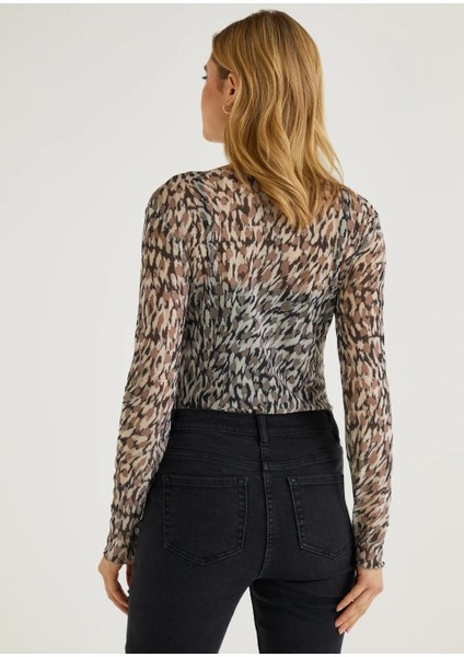 Moda Kadın Desenli Transparan Tül Body | Uzun Kollu Esnek Ince Fit | Leopar & Zebra Desen - Yazlık Şık Üst indirimleri