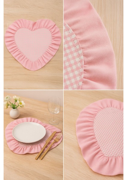 1 Adet Kalp Şeklinde Pembe Pötikareli Fırfırlı Amerikan Servis / Romantik Dekoratif Supla