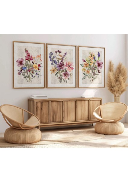 3 Parça Ahşap Çerçeveli Oturma ve Mutfak Salonu Tablo Seti SET32463