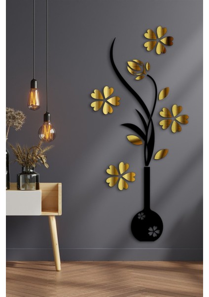 Altın Çiçekli Vazo ve Duvar Dekor Tablo, Şık ve Zarif Tasarım