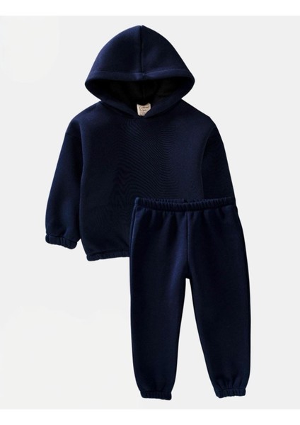 3 Iplik Şardonlu Kapüşonlu Lastikli Basic Unisex Çocuk Takım