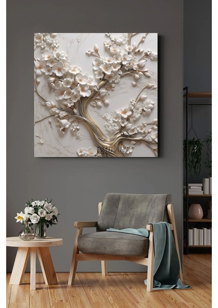 Beyaz Çiçekli Ağaç Hd Kaliteli Kanvas Tablo, Ev ve Ofis Dekorasyonu Için