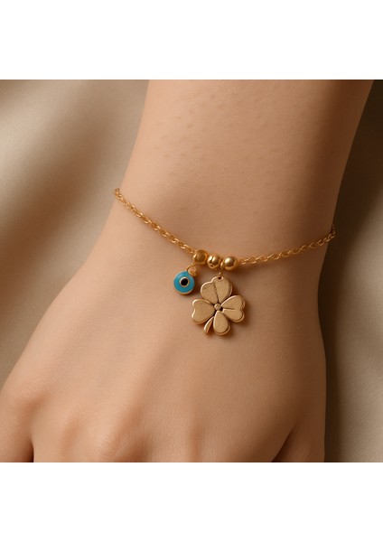 Gold Renk Minimal Yonca & Nazar Çelik Halhal ve Bileklik -Kadın Şans Aksesuarı