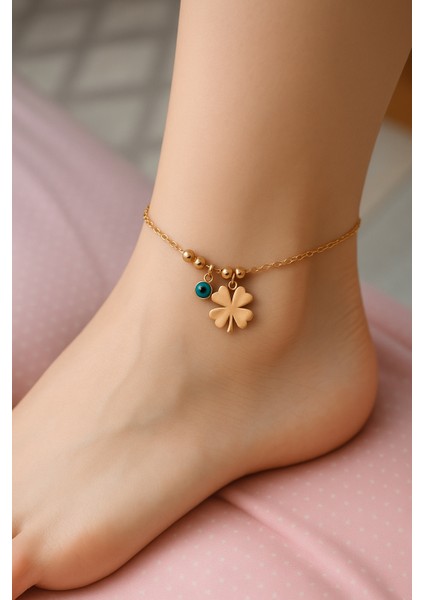 Gold Renk Minimal Yonca & Nazar Çelik Halhal ve Bileklik -Kadın Şans Aksesuarı fiyatları