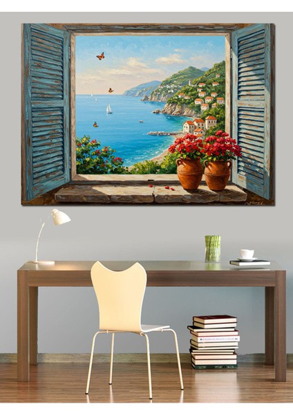 Renkli Deniz ve Saksılar Temalı Dekoratif Kanvas ve Ahşap Tablo