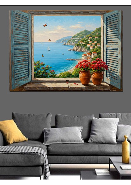 Renkli Deniz ve Saksılar Temalı Dekoratif Kanvas ve Ahşap Tablo fiyatları