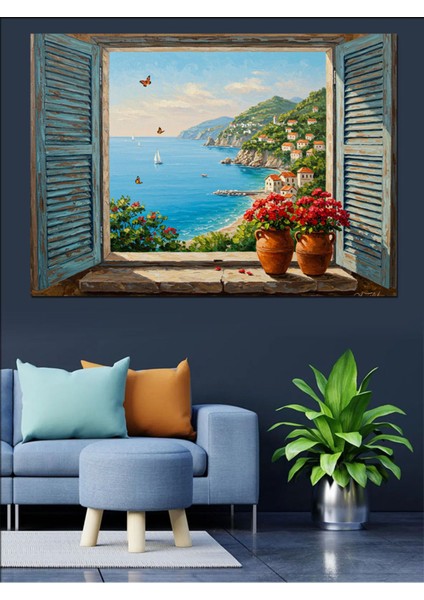 Renkli Deniz ve Saksılar Temalı Dekoratif Kanvas ve Ahşap Tablo fırsatları