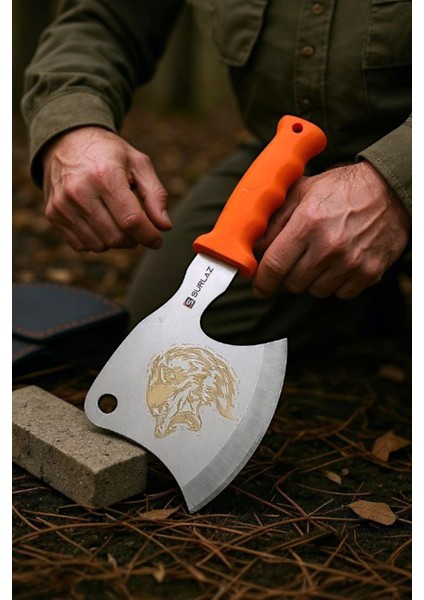 Dövme Çelik Kamp Outdoor Balta Kamp Baltası Kurt Motif Slikon Özel Sap