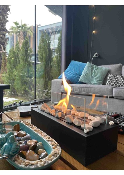 Şık Siyah Metal Masa Üstü Şömine ve Dekoratif Taş Hediye Seti