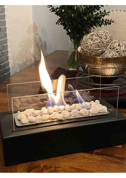 Şık Siyah Metal Masa Üstü Şömine ve Dekoratif Taş Hediye Seti modelleri