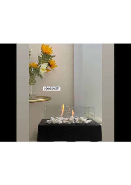 Şık Siyah Metal Masa Üstü Şömine ve Dekoratif Taş Hediye Seti