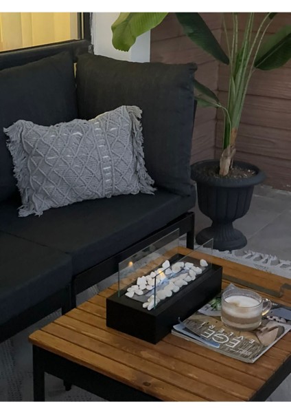 Şık Siyah Metal Masa Üstü Şömine ve Dekoratif Taş Hediye Seti