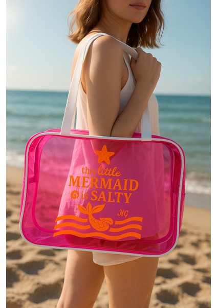 Pembe Büyük Boy Şeffaf Plaj Çantası | Mermaid Baskılı, Su Geçirmez, Tatil Çantası