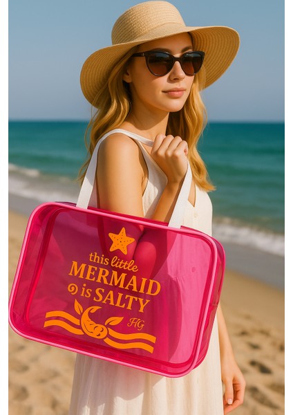 Pembe Büyük Boy Şeffaf Plaj Çantası | Mermaid Baskılı, Su Geçirmez, Tatil Çantası fiyatları