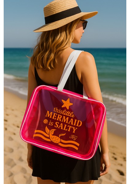 Pembe Büyük Boy Şeffaf Plaj Çantası | Mermaid Baskılı, Su Geçirmez, Tatil Çantası modelleri