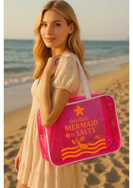 Pembe Büyük Boy Şeffaf Plaj Çantası | Mermaid Baskılı, Su Geçirmez, Tatil Çantası fırsatları