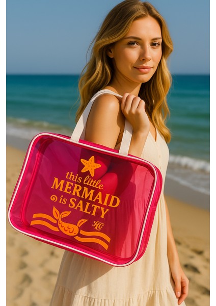 Pembe Büyük Boy Şeffaf Plaj Çantası | Mermaid Baskılı, Su Geçirmez, Tatil Çantası indirimleri