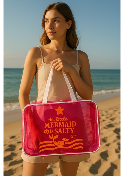 Pembe Büyük Boy Şeffaf Plaj Çantası | Mermaid Baskılı, Su Geçirmez, Tatil Çantası