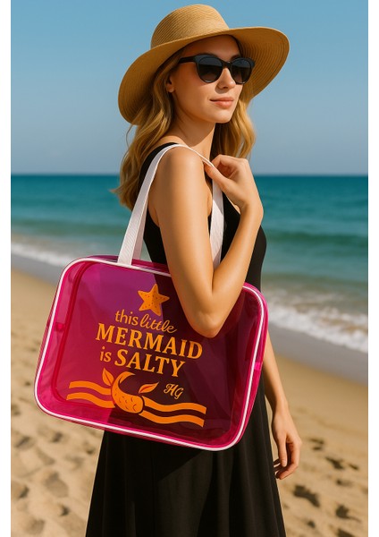 Pembe Büyük Boy Şeffaf Plaj Çantası | Mermaid Baskılı, Su Geçirmez, Tatil Çantası