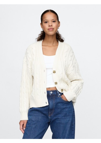 Kadın Kırık Beyaz Yün Karışımlı Cable Örgü Oversize Hırka