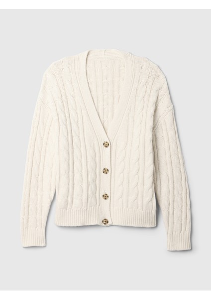 Kadın Kırık Beyaz Yün Karışımlı Cable Örgü Oversize Hırka fiyatları