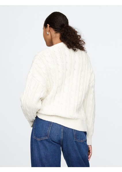 Kadın Kırık Beyaz Yün Karışımlı Cable Örgü Oversize Hırka indirimleri