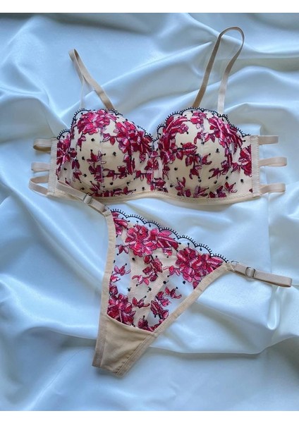 Kadın Çiçek Desenli Brode Işlemeli Balenli Desteksiz Sütyen Tanga Takım fiyatları