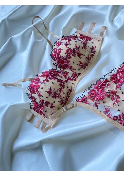 Kadın Çiçek Desenli Brode Işlemeli Balenli Desteksiz Sütyen Tanga Takım modelleri
