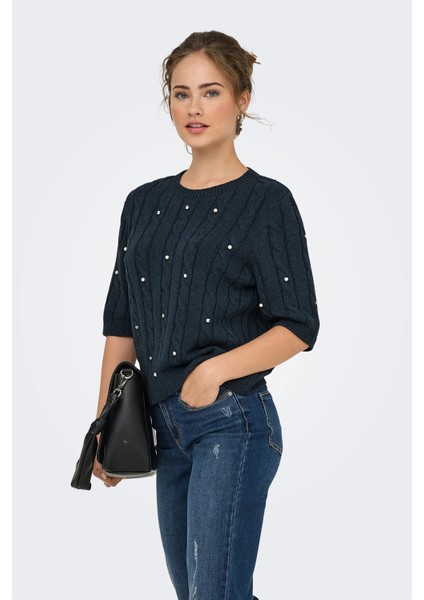 Kadın Onlsussı Inci ve Taş Süslemeli Kısa Kollu Örme Kazak 15352067 Lacivert