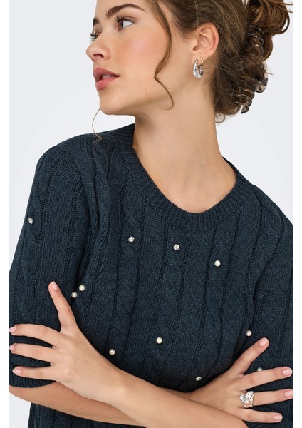 Kadın Onlsussı Inci ve Taş Süslemeli Kısa Kollu Örme Kazak 15352067 Lacivert fiyatları