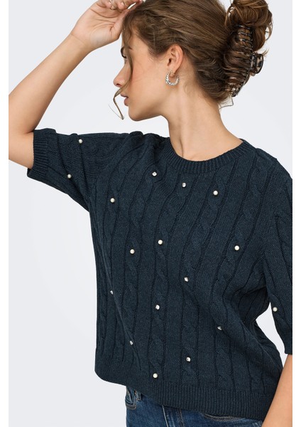 Kadın Onlsussı Inci ve Taş Süslemeli Kısa Kollu Örme Kazak 15352067 Lacivert modelleri