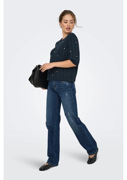 Kadın Onlsussı Inci ve Taş Süslemeli Kısa Kollu Örme Kazak 15352067 Lacivert fırsatları