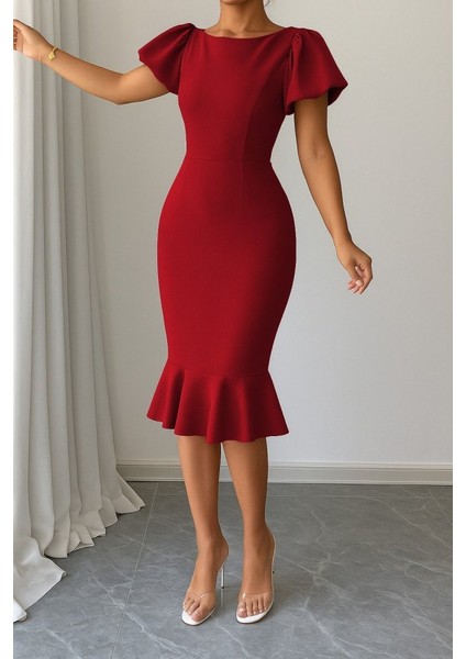 Kadın Kısa Kollu Yuvarlak Yaka Pileli Janjan Krep Elbise 2xl-3xl-Kırmızı