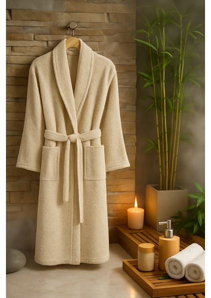 Unisex Büyük Beden Şalyaka Model Bornoz-Banyo-Sauna-Wellness Spa-Hamam-Pamuklu-3xl 4xl-Açık Kahve