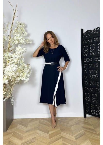 G1505 Yırtmaç Detaylı Kemerli Elbise Lacivert