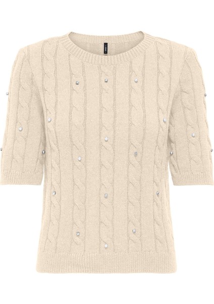 Kadın Onlsussı Inci ve Taş Süslemeli Kısa Kollu Örme Kazak 15352067 Ekru