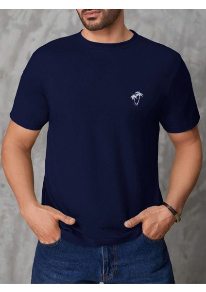 Erkek Lacivert Bisiklet Yaka Göğsü Palmiye Baskılı T-Shirt