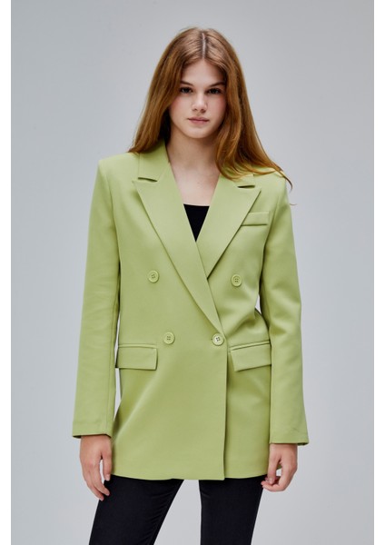 Açık Haki Regular Astarlı Kruvaze Kapama Dokuma Oversize Blazer Ceket