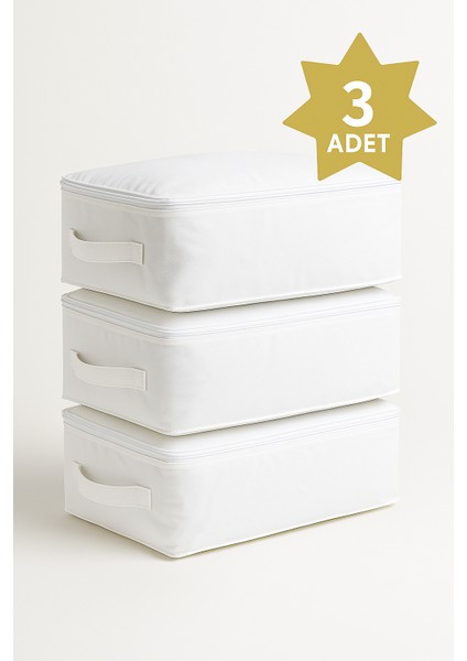 (3 Adet)Beyaz Çekyat & Baza Tipi Yastık Yorgan Saklama Hurcu-Baza Altı Düzenleyici 65X45X22 cm